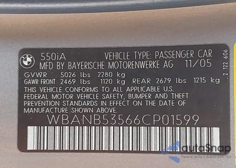 2006 BMW 550I z USA, uszkodzony, nr VIN WBANB53566CP01599